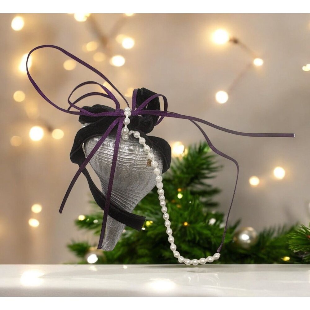 Vintage Silver Tone Conch Shell Christmas Ornament Purple Black Ribbon Accents